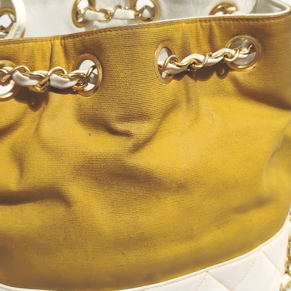 FLASH SALE! Auth CHANEL Shoulder Bag W Chain Strap White Leather Mustard Fabric - Picture 10 of 16